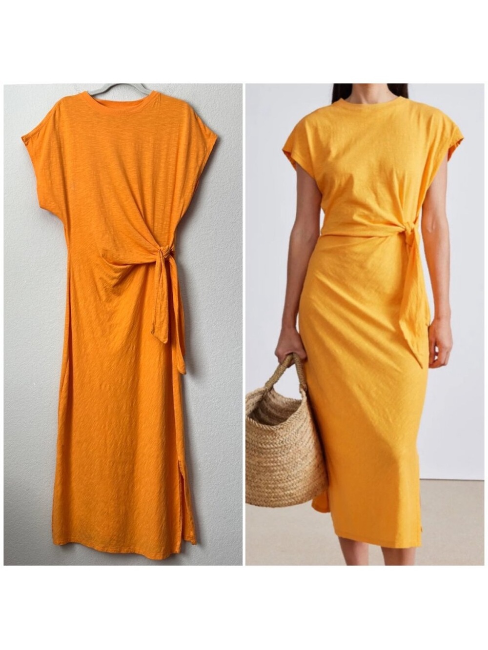 Apiece Apart Organic Cotton Vanina Cinched Tie Waist Midi Dress in Creamsicle